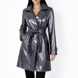 Vintage Y2K  Metallic Silver Pleather PVC Water Effect Trench Coat M